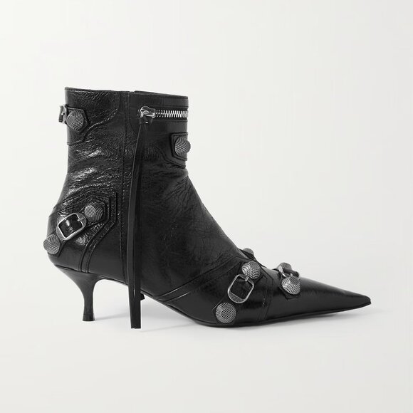BALENCIAGA Cagole 50 Studded Buckled Kitten Heel Ankle Bootie Boots Black - Picture 1 of 16